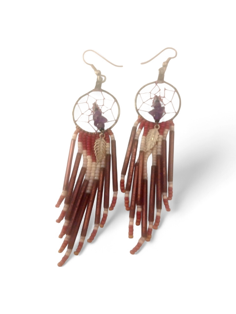 Handmade Brown Beaded Dreamcatcher Dangle Earrings